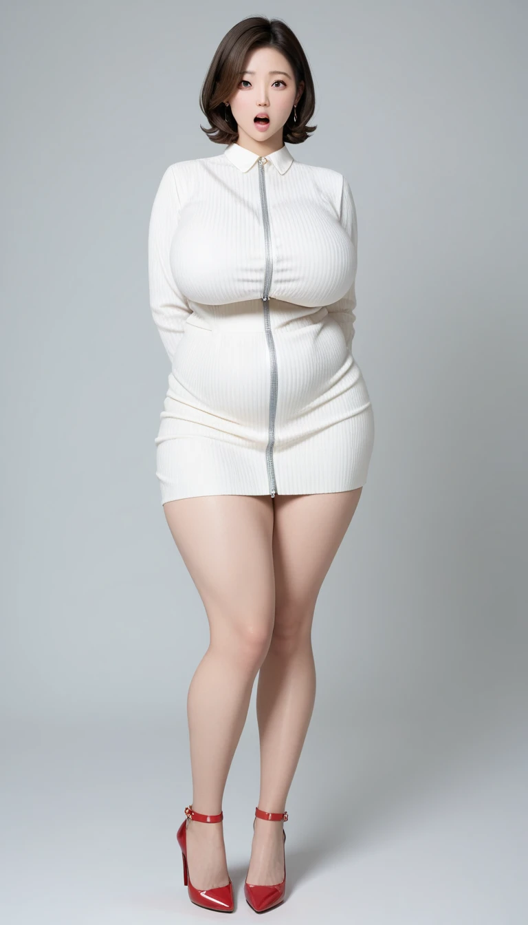 Japanese, mature, (alone), 60 years old, (Wrinkles around the eyes:1.2), Soft big breasts, Mature Woman, Super big , Glamour, Sexy, Watching the audience, Extra large breasts、Tight-fitting cut-and-sew 、Plump、With legs apart、(Beige panties are visible)、round face、Wide and large forehead、Long, cat-like eyes、big story、There is a laughing hollow、