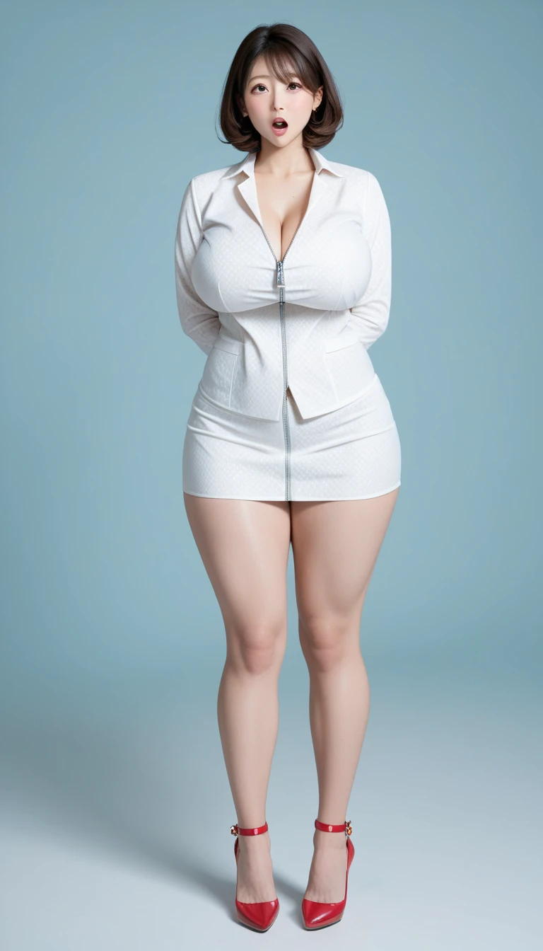 A glamorous plus size model with an extremely big, soft, bloated belly. Massive hips and thighs, beautiful round face. Excited expression. Detailed eyes and thick hair. Smooth pale skin
