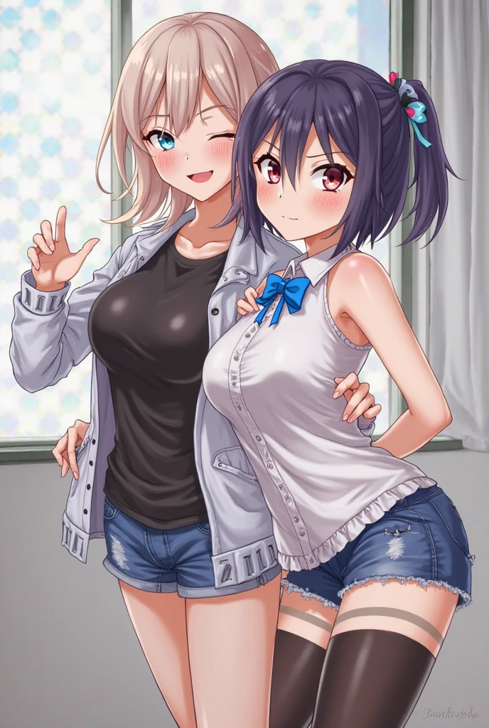 ((highest quality)), ((masterpiece)), ((3 woman:1.5)), cute woman are posing for a camera, (indoors, cute design room, cushion, cuddly toy, books,), ((upper body)), (Lifting SHIRT:1.3), (open your mouth and laugh:1.3), ray tracing, ((tits)), nipples, breasts, hair band, headband, hair bobbles, blouse, shirt, (line up in a row), 12 talents、13 years old、14 years old、15 years old, silver hair, brown hair, blond hair, (navel), jewelry, looking at viewer, necklace, long hair, short hair, (abs),(Depth of the bounds written), (My skirt is completely blown up by the strong wind.:1.2),