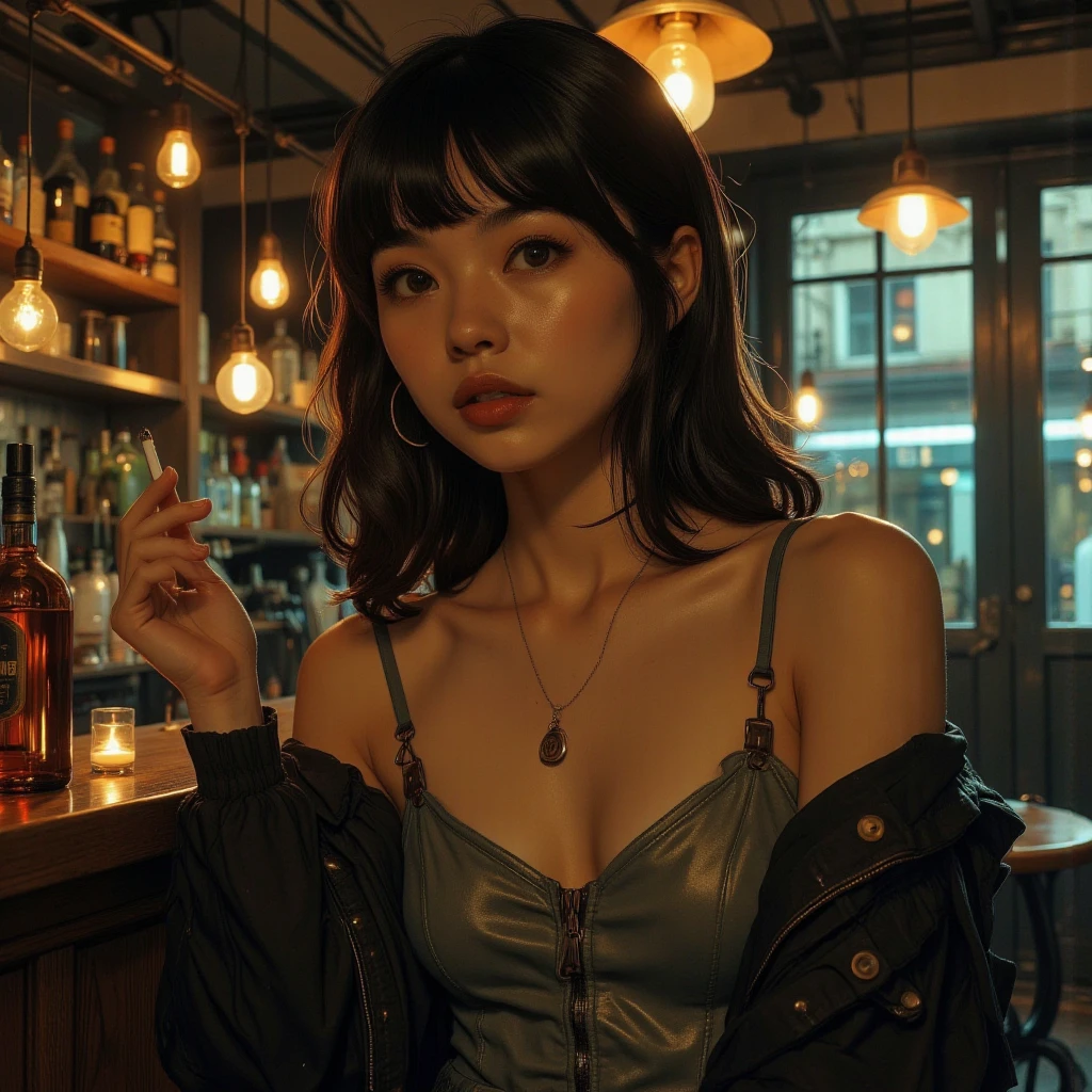 slingshot swimsuit、emotional expression、underground secret bar、Light Light High Quality,8K,real,フォトreal,professional rolling up clothes with hands,with emphasis on detail,deep focus,Clear Slingshot Woman in Bikini,Seductive Expression,Underground Secret Bar Interior,Soft Lighting with Candles and Light Bulbs Dark Fantasy,Nouart,Grunge,portrait,Photo Digital Art,Digital Painting Bar Counter、Toned Down Lighting、cigarette、Alcohol bottle、Rouge Lips Deep Color、rich atmosphere、Dark Sensual Impression