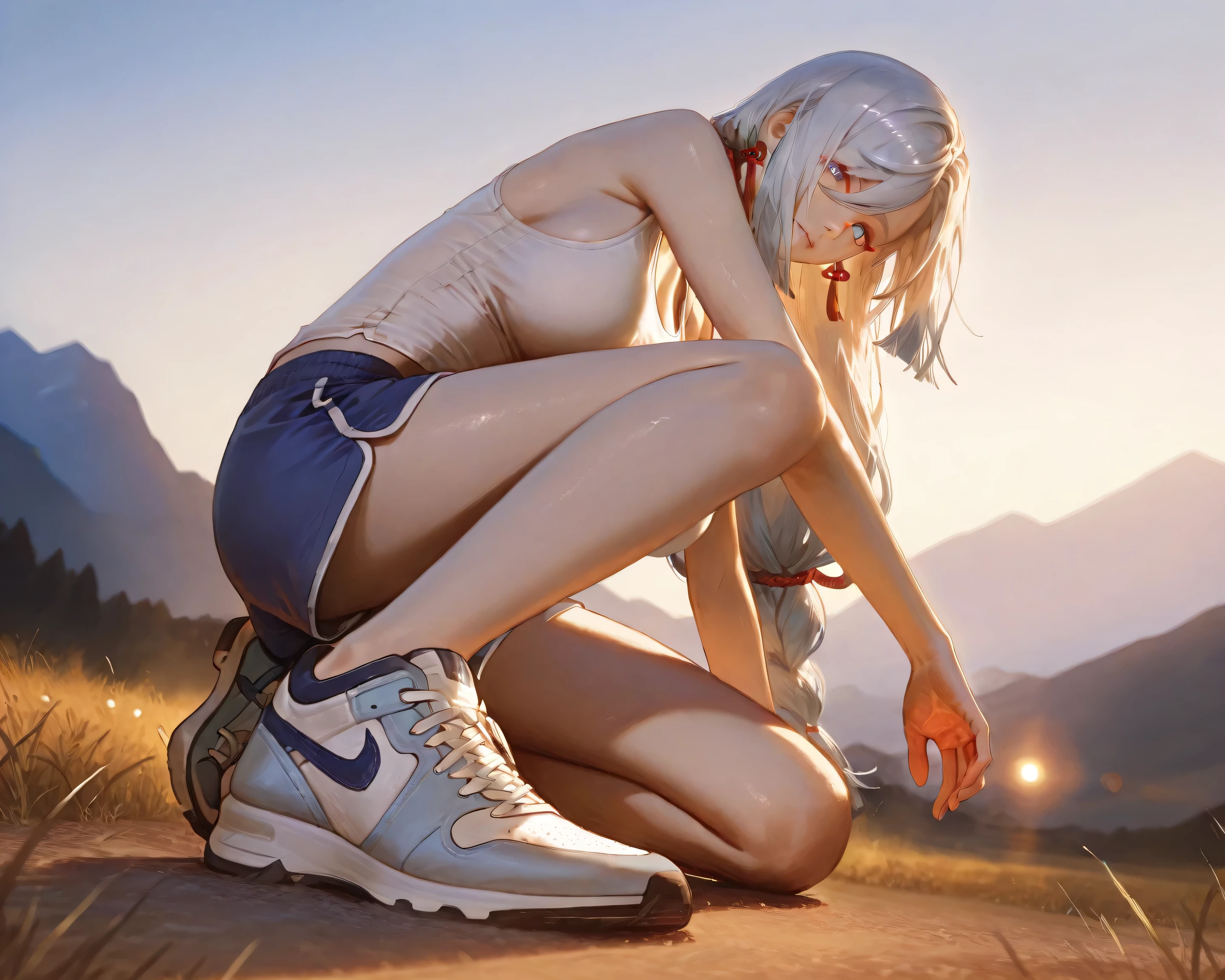 A photorealistic image, extremely sharp focus, crisp details, high resolution, 4K, 8K. (anatomically correct and detailed hand), a full body low angle wide shot, move the center of gravity backwards, a detailed, high quality rendering of Shenhe from Genshin Impact. She wear white tanktop, big breasts, side breasts, wearing blue shorts, side view. She was jogging in the countryside with a view of mountains and lakes. She has beautiful face details and a real human skin, her expression is gentle and looking at the viewer. realistic and photo realistic, whole body. Dawn, foggy, dramatic warm soft light shines with warm and cool color palette. the background has highest detail, detailed background and depth of field.