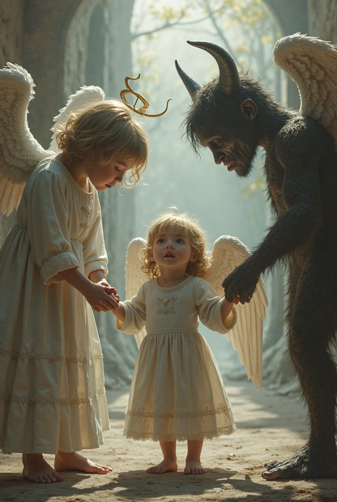 Small Devil whispers in the ear of an angel. In the backgeound there are clerics fighting against goblins