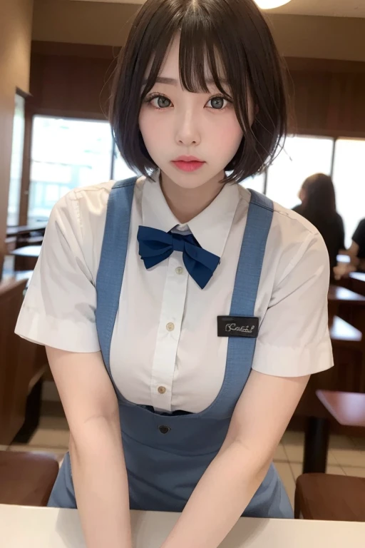 Very detailed CG Unity 8K 壁紙, Highest quality, Very detailed, masterpiece, Realistic, Realistic, Very detailed Japanese cute girls, (32 years), blush, Round eyes, Thick eyebrow chest, High resolution raw color photos, Professional photos, Portrait of sexy girl、Anatomically correct body shape、Healthy body shape、Brown short hair、smile、uniform、high school girl、Write your hair、Front view、Show your side、Avoid the same pose、The whole body is shown、Female announcer、Mature Woman、Pictured alone、sitting in a cafe、Has bangs