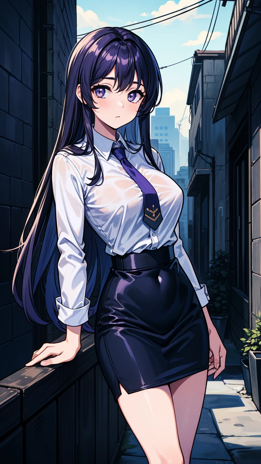 (masterpiece:1.37), best quality, (extremely detailed:1.37), woman, mature, adult, large breasts, very long hair, (straight hair:1.5), dark purple hair, purple eyes, (extremely detailed eyes:1.37), business suit, necktie, (long pencil skirt:1.5), pantyhose, desperation, (wetting self:1.5), standing, embarrassed, humiliation, blushing, angry, city, futuristic, neon lighting, high-tech, street