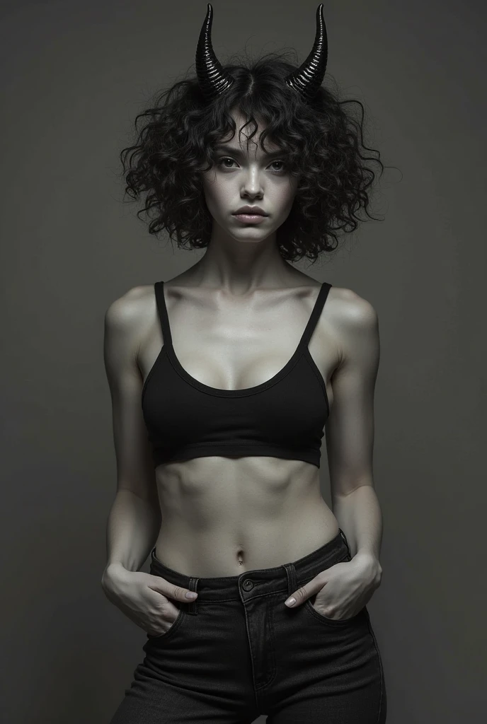 Black and white photo, toy doll, Photographic model, bob hair, curls,big big ass,thin waist, black turtleneck sweater,thong,showing ??????,show navel, Portrait medium shot on gray background