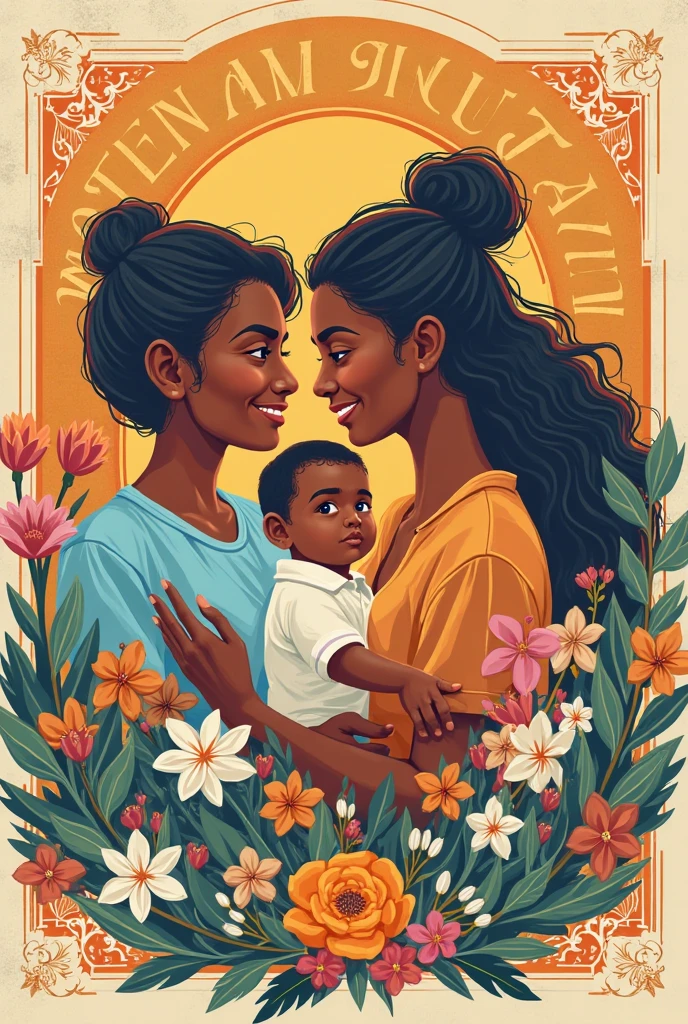 Postcard on an International Mother's Day, beautiful colours, nice picture of a Mother and her , flowers in background.she wearing a beautiful white dress with a strip of Ethiopian flag.her skin is less darker