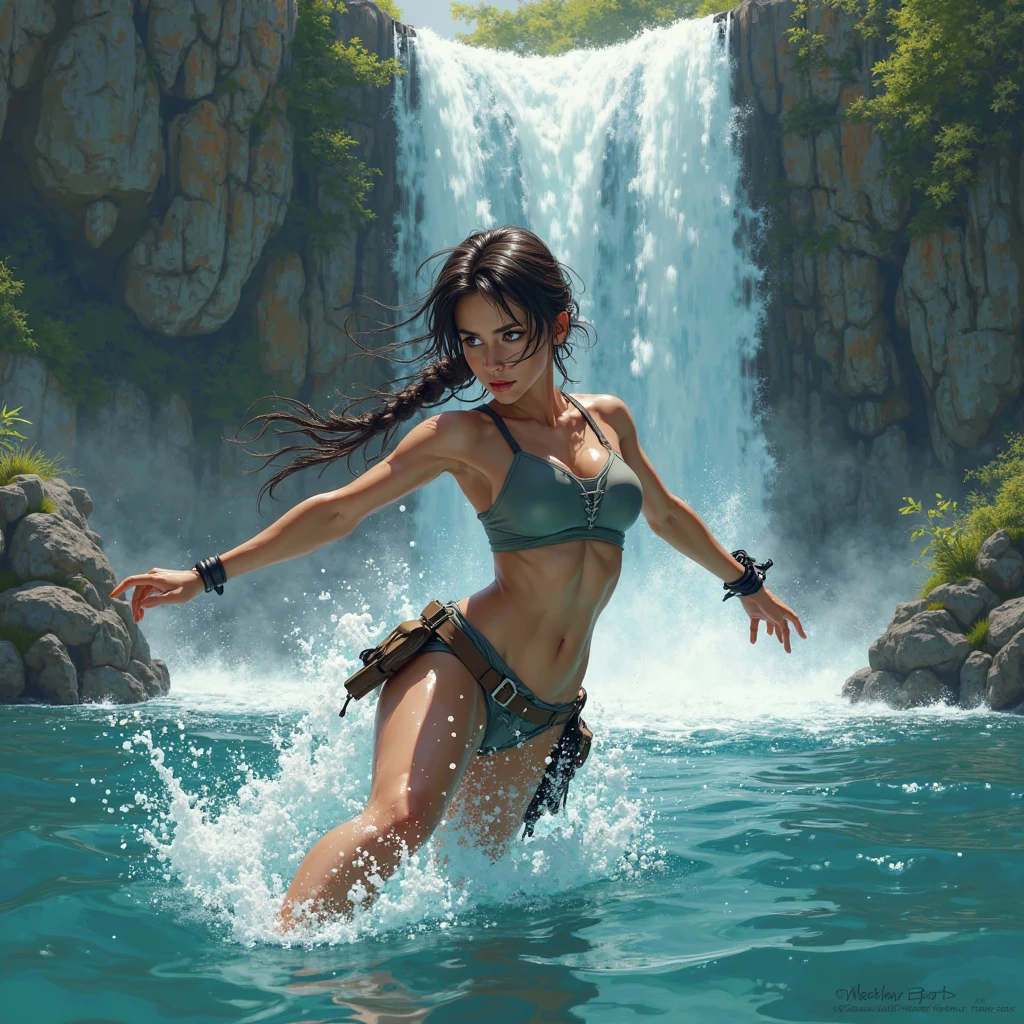 A very violent current plagues the staff. bright lightning beams flash through the sky everywhere. There is also a violent wind, and the water are everywhere at and height of one meter. A dark brown-haired photographically ebony and muscular 25-year-old naked Zendaya as she runs along the quay of a river flowing through a futuristic Egyptian city with her wet hair s flapping in the rough wind. attractive body :1.4), sit-ups :1.1, ), (wet rainy, wet by rain, wet body :1.2), ((thin waist)), ultra-detailed face, detailed lips, detailed eyes, double eyelid, visible veins and curves, pool party, pool.