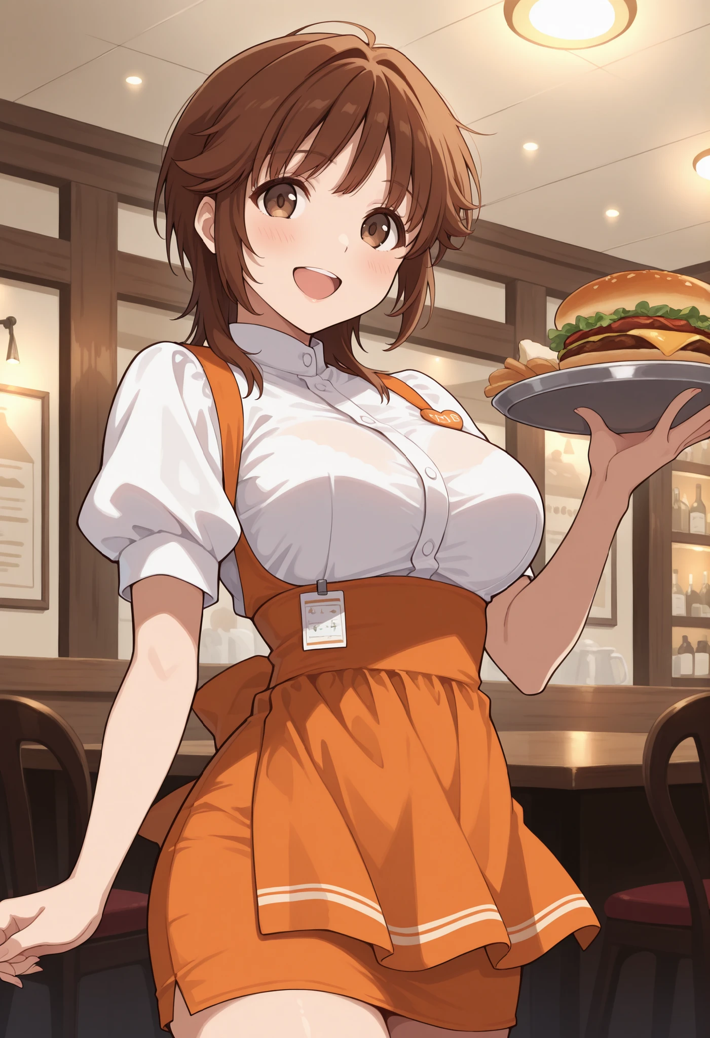 Score_9, score_8_up, score_7_up, source_anime, srkho, solo, brown hair, medium hair, brown eyes, large breasts, (best quality), (high quality), {masterpiece}, extremely delicate and beautiful, ultra-detailed, beautiful detailed eyes, anna miller, waitress, white shirt, short sleeves, puffy sleeves, orange suspender skirt, high-waist skirt, waist orange apron, name tag, restaurant, indoor, holding silver tray, smile, open mouth, standing