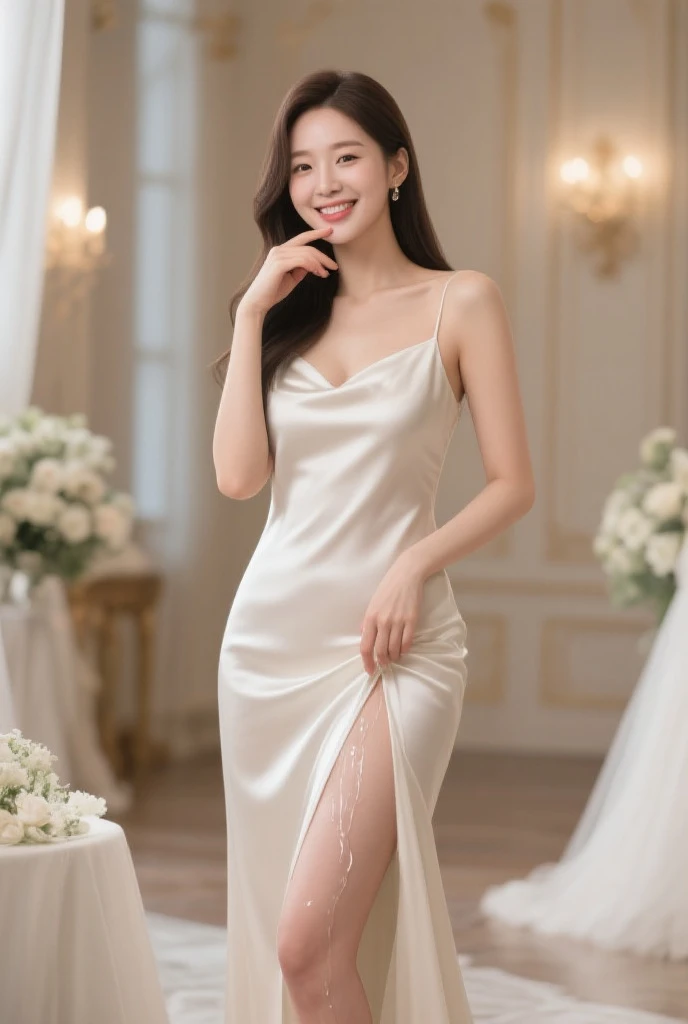 1 female,solo,Realistically,非常高的quality,Extremely detailed,(Huge breasts),Best lighting,quality:8K,Soft skin tone,author:Li Geba,Sexy ,Pure white dress,Luxury lobby,High-end furniture,stand up。