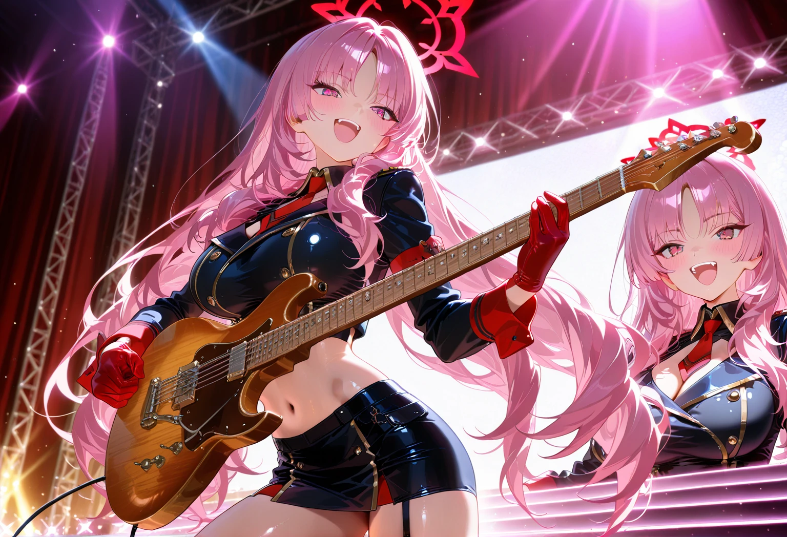 A 17-year-old Japanese girl with vibrant hair colors, long hair, daring hair styling, slender figure, plump cheeks. She embodies the punk rock aesthetic, dressed like a punk rocker with bold attire, large sunglasses, a defiant expression. She stands at 170 centimeters tall, weighs 30 kilograms, wears long boots, with her thighs visible under a red pleated skirt. Adorned with numerous silver accessories. Depict with distinct outlines, using colors other than black for the outlines, using colorful hues for the outlines. She's into girls' rock, punk, electric guitar, vibrant colors, stages, and backed by a band. An underground clubhouse with colorful lighting amidst the darkness. Colorful candies resembling mountains of treats are plentiful, strewn all around. A tall, well-built man with blonde hair is present, adorned with tattoos, a nose piercing, and a split tongue.