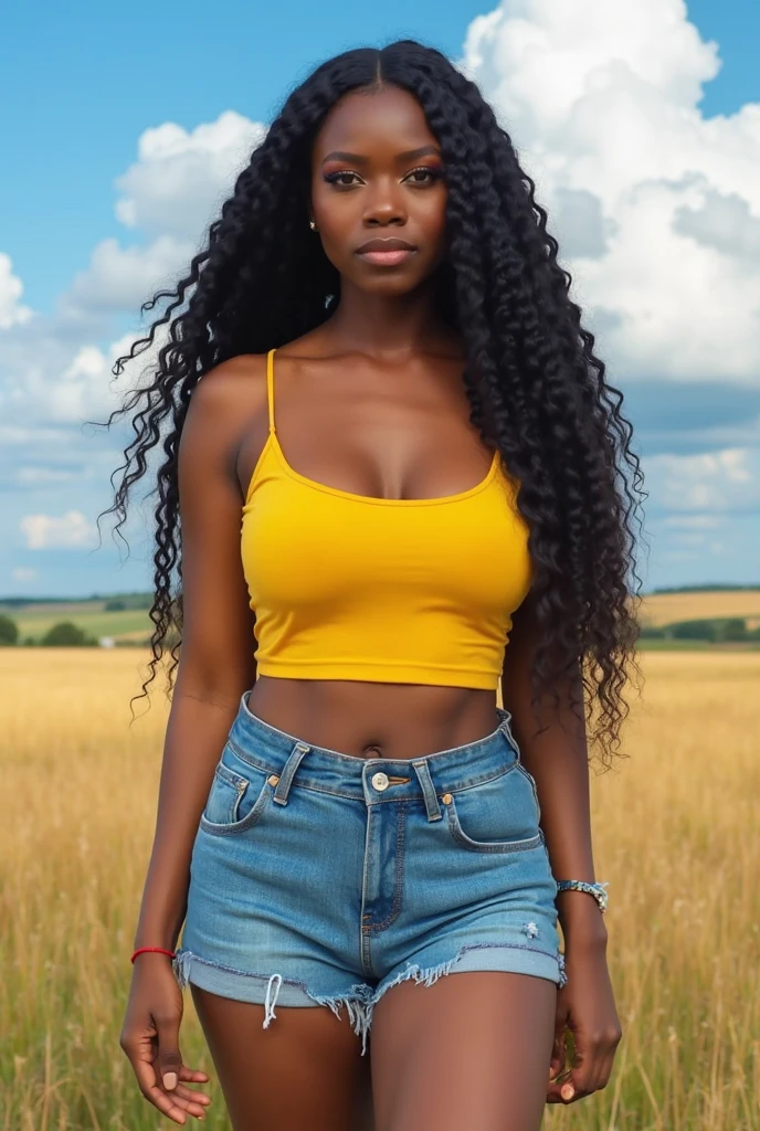 African gonna skin A woman with long curly hair There's a young woman sitting in a field of flowers, mulher jovem negra jovem and her hands are touching her hair. 