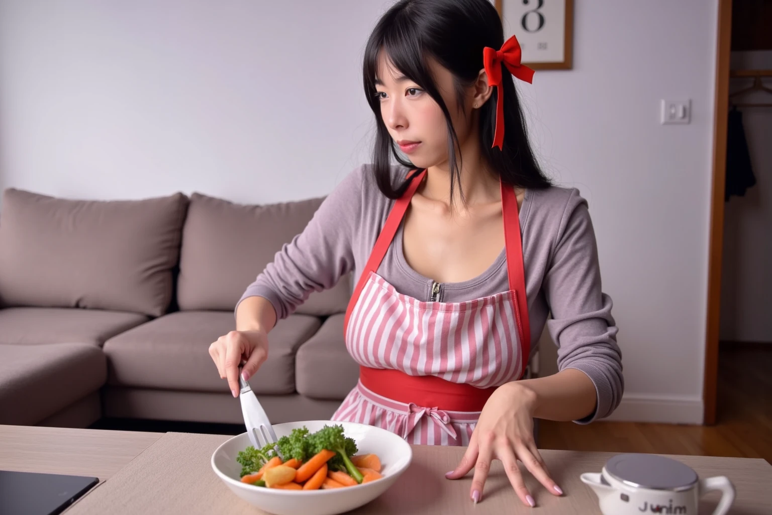 Highest quality, Ultra-high resolution, 8k, RAW Photos ,pretty girl, Hairstyle up、((Mouth mask))、Japanese, alone, (((Completely naked、Lift one leg、Exposing your)))、((Expanding the pussy、expand the uterus))、Realistic pussy、pubic hair))、((semen dripping from pussy、Receive with dessert)))、flat nipples、Small breasts、In the kitchen、Perfect Anatomy、((Close up pussy、Using vegetables to stimulate the pussy))、Masturbating