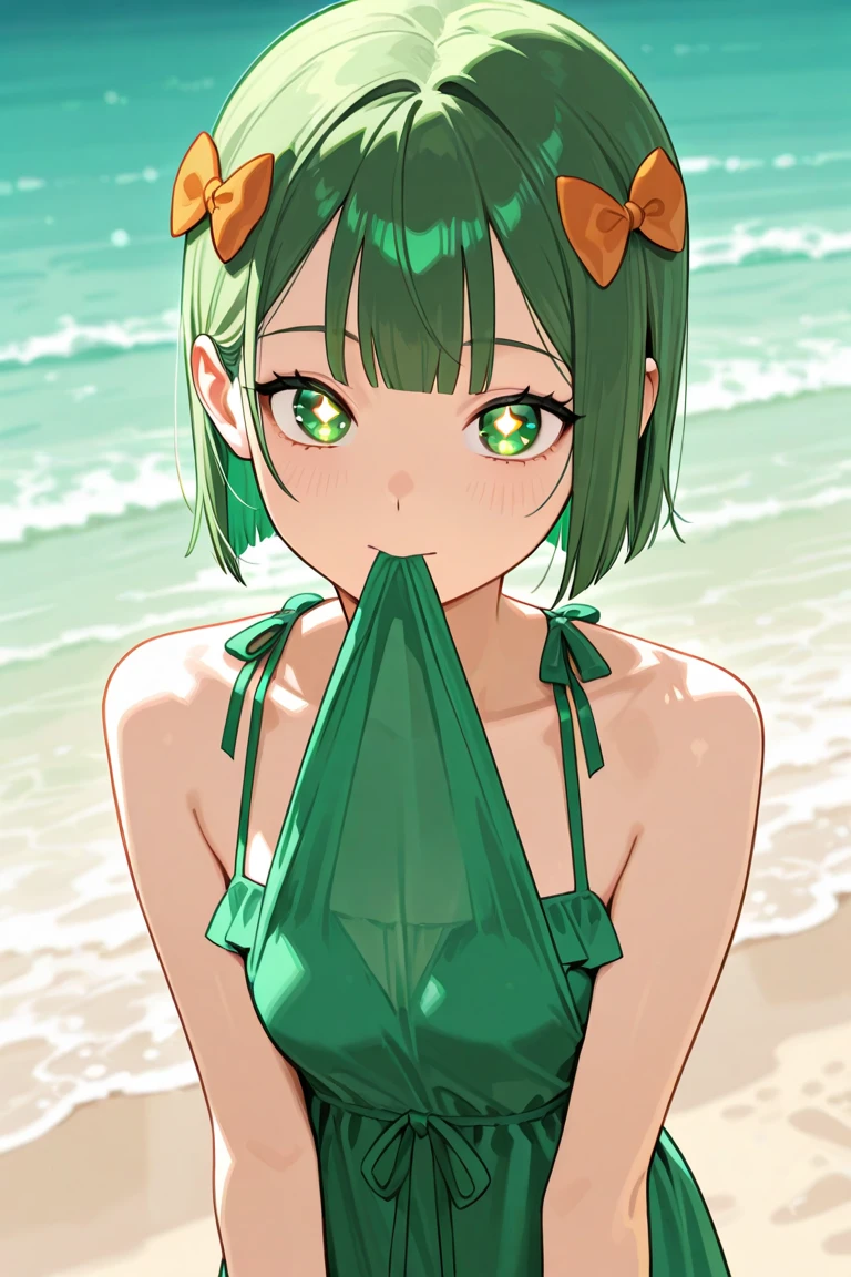 realistic photo image a young Japanese woman walking along the beaches of Brazil, she smiles taking a selfie, she is thin and wears a green and yellow swimsuit, She has long hair that moves in the wind in the water on the beach we see a fishing boat and seagulls around the boat