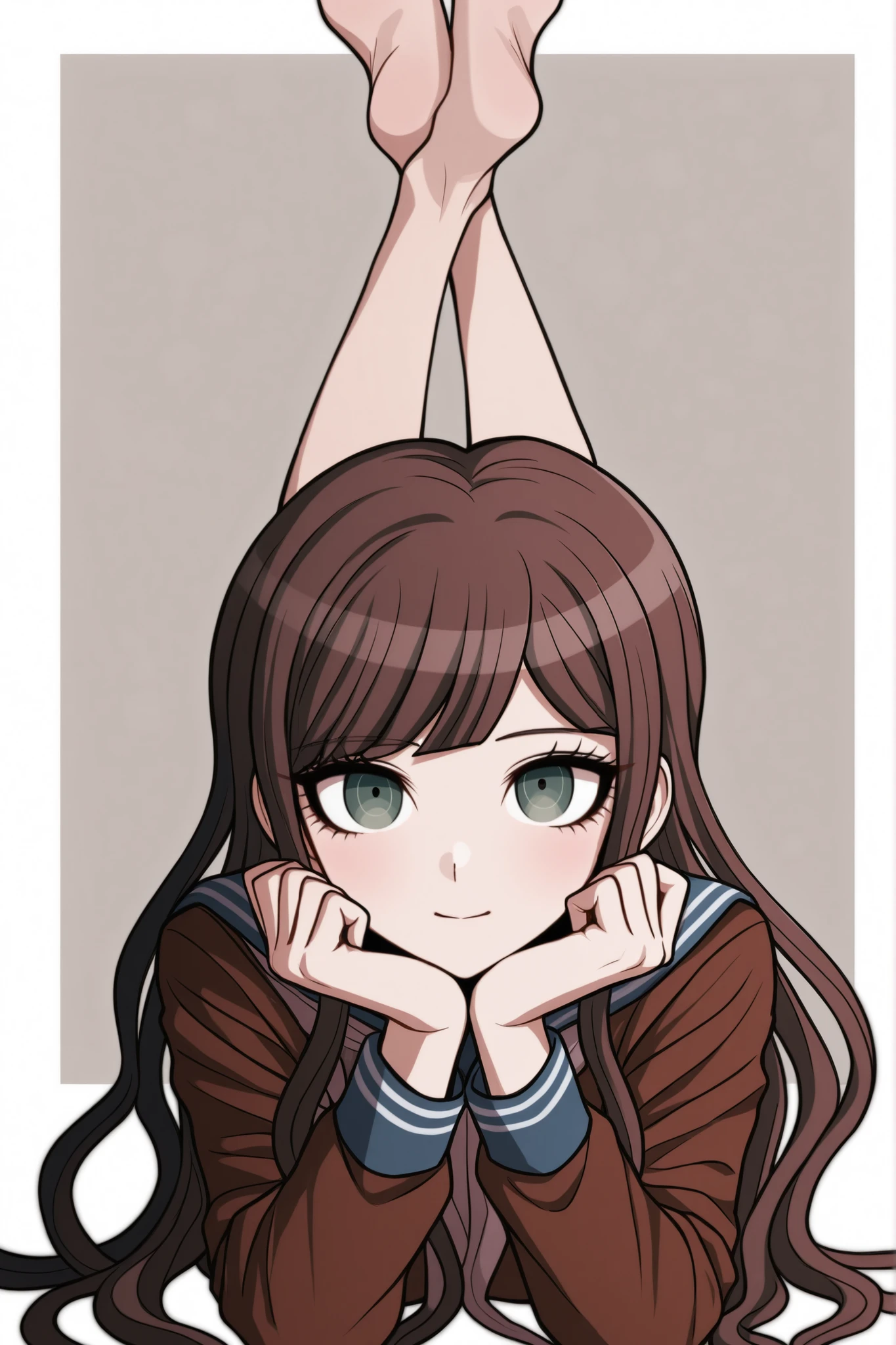 Create a Danganronpa character with brown long wavy hair and green eyes and the pose and face of the character in the photo