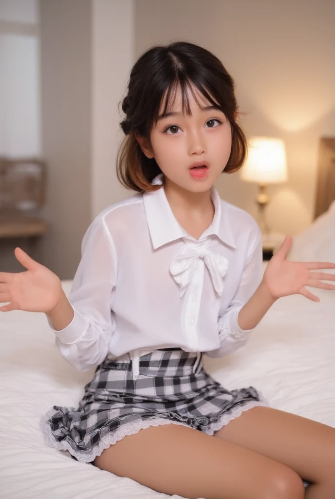 (masterpiece、Highest quality:1.7)、(13 years old:1.5)、Bobcut、Black Hair、85mm、16K、Official Art、RAW Photos、Best Beautiful Faces、Close-up、Violet、Gardenia、The best beautiful girl、very cute、Red blush on cheeks、indoor、Film Grain、Chromatic Aberration、Sharp Focus、(((Nice hands、Perfect hands、Perfect Fingers、Thin and delicate fingers、A perfect body without flaws)))、Detailed face、(Slender body:1.5)、(Slender body:1.4)、(Small breasts:1.7)、(Let your bangs hang down:1.8)、(Blushing:1.8)、(Low contrast lighting:1.2)、(White tight business blouse with collar:1.5)、(White bow tie blouse:1.3)、(Long sleeve: 1.3)、(White pleated mini skirt:1.5)、(White School Socks:1.5)、(Eyes closed:1.5),(lie on the bed:1.7),(shot from above:1.5)