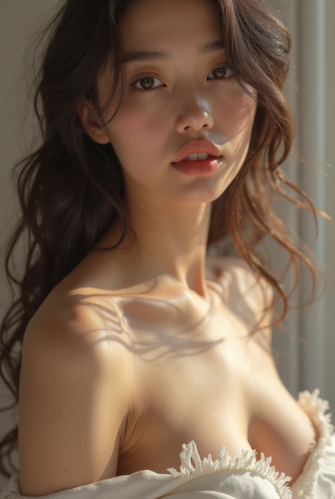a beautiful naked young woman, small breasts, highly detailed, realistic, photorealistic, 8k, hyper detailed, intricate details, porcelain skin, natural lighting, dramatic lighting, chiaroscuro, soft shadows, warm color tones, cinematic composition, elegant pose, serene expression, masterpiece, exquisite