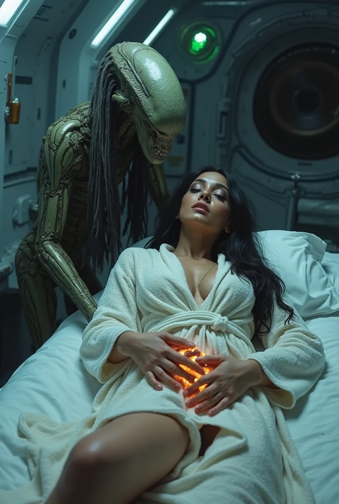 A giant big Hight strong muscled alien touching a brown blonde hair pregnant woman chest no chest clothes and he opened his mouth and saliva flow from his mouth to her belly and both laying on the bed
