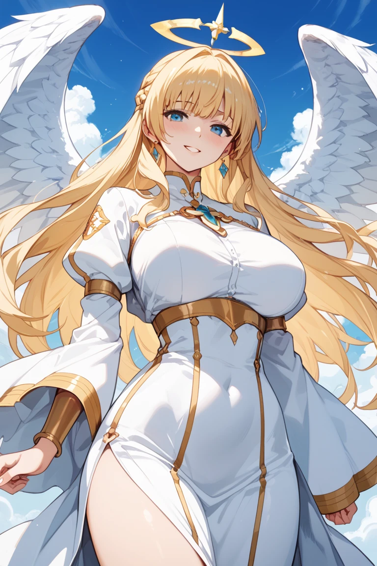 best quality, (masterpiece),(ultra-detailed), (high quality), (high resolution),  <lora:MiaMikhail:0.7>,1girl, bangs, blonde hair, breasts, gradient hair, green background, hair ornament, jewelry, long hair, looking at viewer, miamikhail, multicolored hair, open mouth, ponytail, see-through, simple background, smile, solo, star (symbol), virtual youtuber, white bikini, white dress, white wings, wings