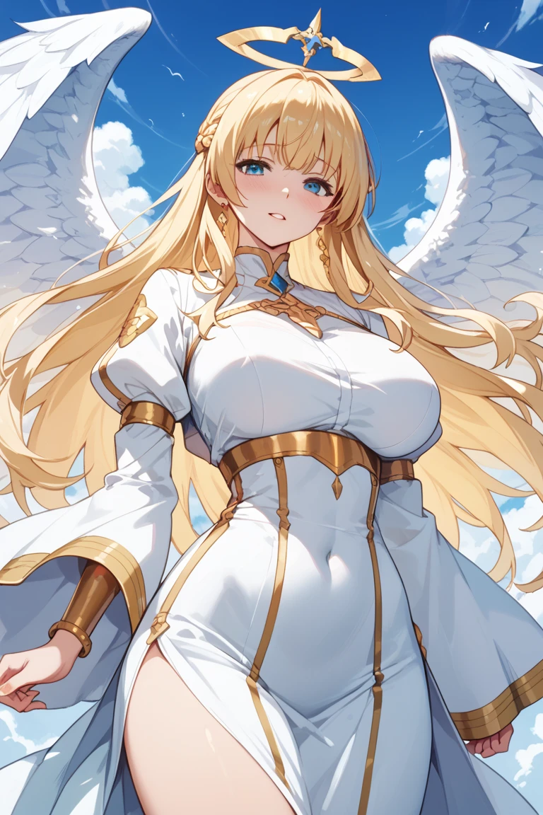 Priestessess,Valkyrie,Angel Wings,belly button,Side bust,Complex,Particles of light,Thighs,Shiny skin, Perfect lighting, One girl, View your viewers,Winged hat,Pelvic Curtain, smile,(masterpiece), (Highest quality), Very large breasts, maternal, Porcelain-like skin, Honey Blonde Hair, Very long hair, Wavy Hair