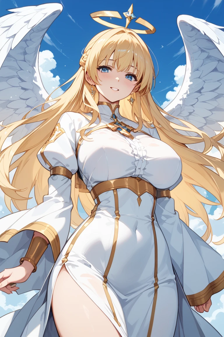 (High quality, High resolution, Fine details), angel knight, angelic armor, divine wings, golden armor, starry background, shining armor, solo, curvy women, sparkling eyes, (Detailed eyes:1.2), smile, blush, Sweat, Oily skin, shallow depth of field