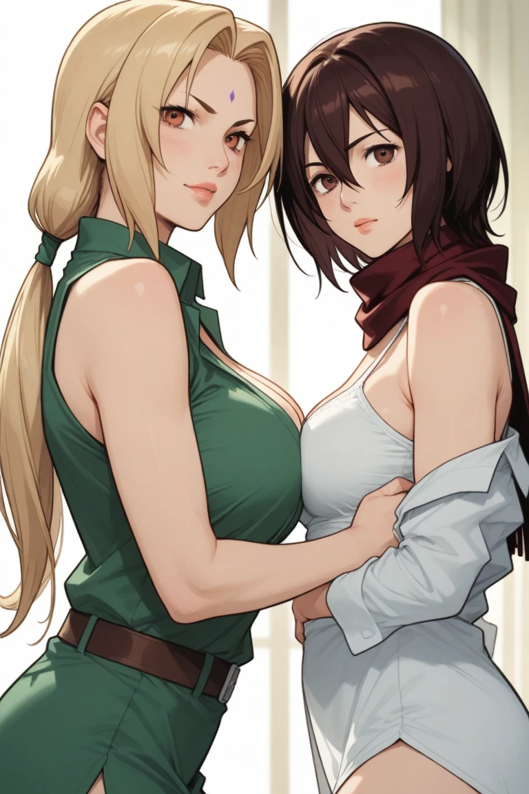 Two apparently irritated naked women pressing their breasts together