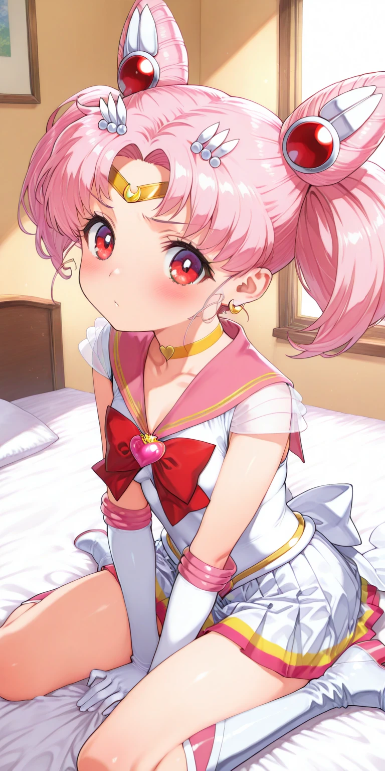 Obra maestra, La mejor calidad, absurdos, antomy perfecto, 1girl, solamente, SMMoon, 1990's \(estilo\), Sailor Chibi Luna Cabello Rosa, pupilas rosadas ojos, Uniforme Sailor Senshi, Magical Girl, ojos rosados, falda rosa, Guantes hasta el codo, tiara, falda plisada, Lazo para el cabello, cabello rosado, colas gemelas, Collar marinero rosa, minifalda, gargantilla, red bow, gargantilla rosa, Guantes blancos,  jewely, Pendientes, acostada de lado en una cama, mostrando su, with a small white thong, muy sexy , Buen.