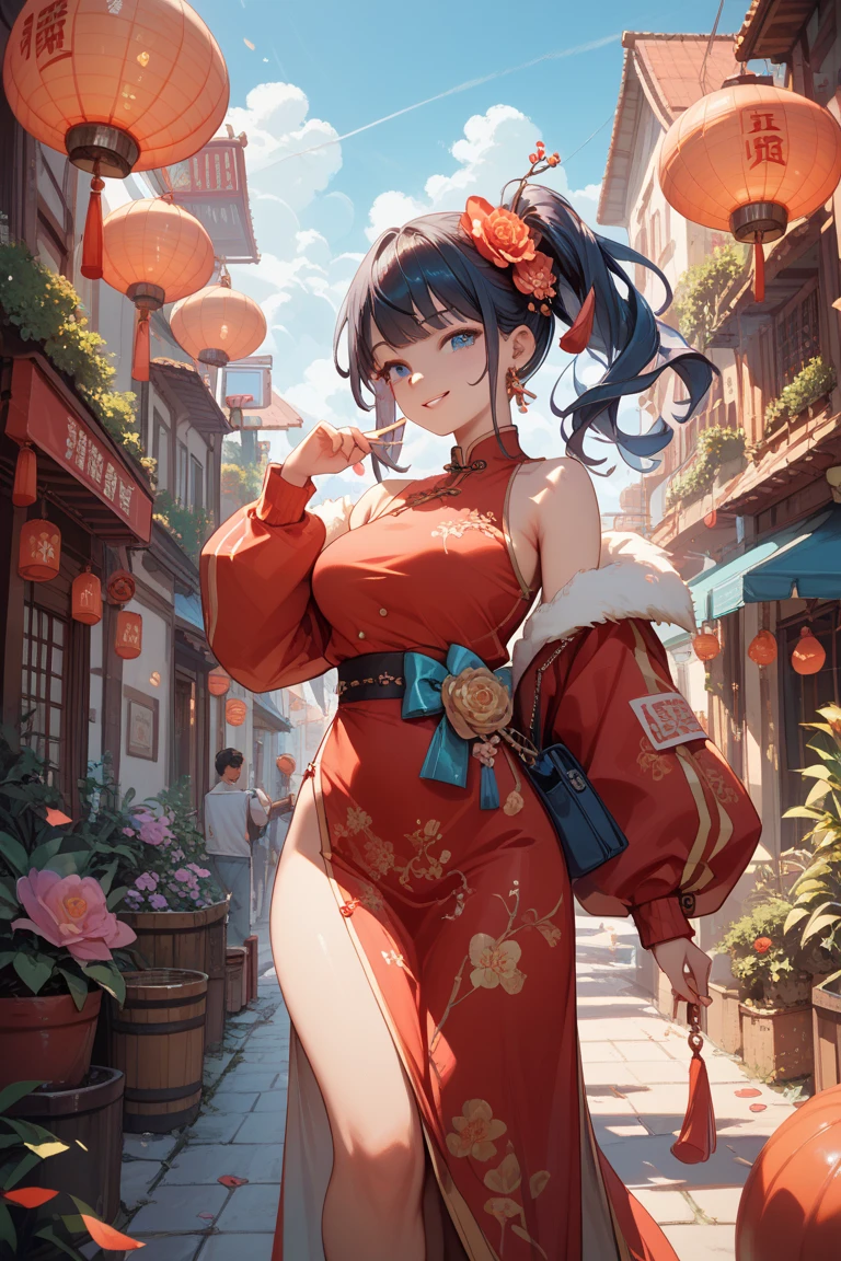 Positive Focus、top-quality、hight resolution、super precision、8K、(One woman)、(((extra detailed face)))、8 head body、
Colorful、Fine skin、Deep slit、off shoulders、
Beautie、Bright expression、Surprised、red blush、plump eyes、Eyes sparkle、
(((Luxury cheongsam)))、(((Colorful cheongsam)))、ample breasts、thighs thighs thighs thighs、Pedras preciosas、
(Photorealistic backgrounds)、(street corner)、(Crowds)、 Watching the viewer、
(Untying hair)、(((hair adornments)))、(Hide your fingertips)、(((Refers to 5 books)))、
(Composition looking up from a low position)、