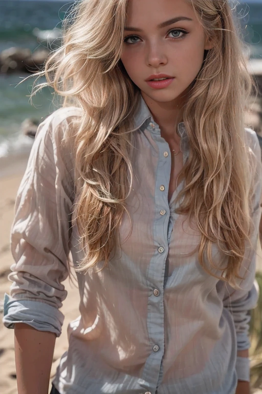 (Sienna), masterpiece, 18 year old girl with long blond hair, an 18-year-old girl with long blond hair wears a long office shirt, sad expression, on the beach, (best quality, high quality), superdetailed, high definition, high detail, intricate details, HDR, 8 k, sharp focus, detailed backstory, perfect arms, realistic eyes, detailed skin texture, (red:0.5), (goosebumps:0.5), subsurface dispersion,