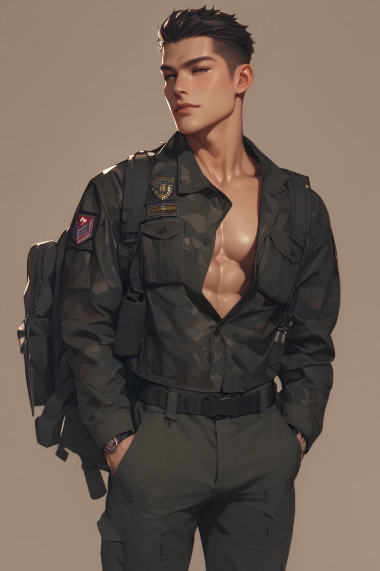 (1men:1.5), Korean, inside desert camouflage colored tent, (standing at attention), macho muscular handsome Hispanic hunk (age 25), brunette hair, (buzz cut hair), hazel eyes, powerful pecs, big biceps, (sweaty chest), sexysoldier, camouflage pants, (dog tags), boots