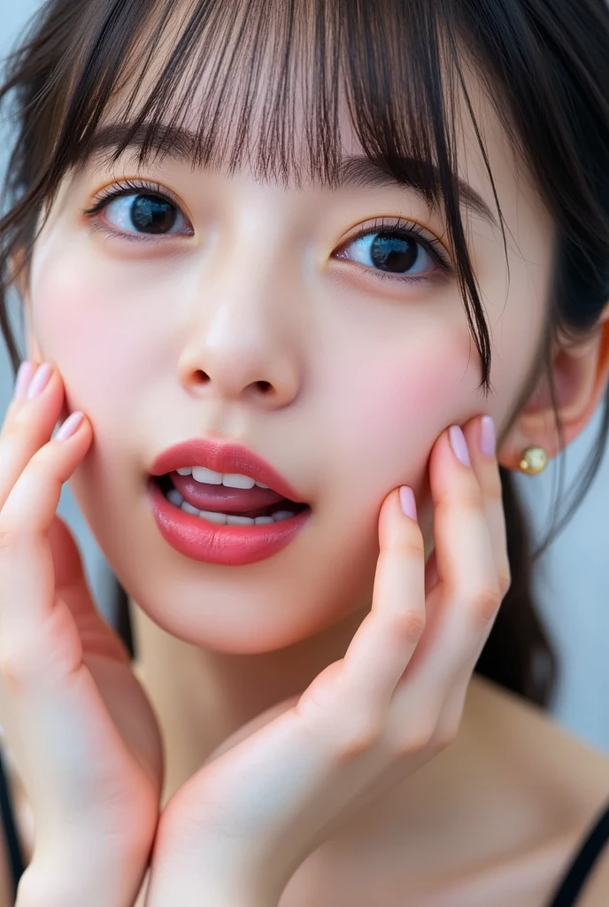 Extreme close-up high-angle portrait of a stunningly beautiful young ...