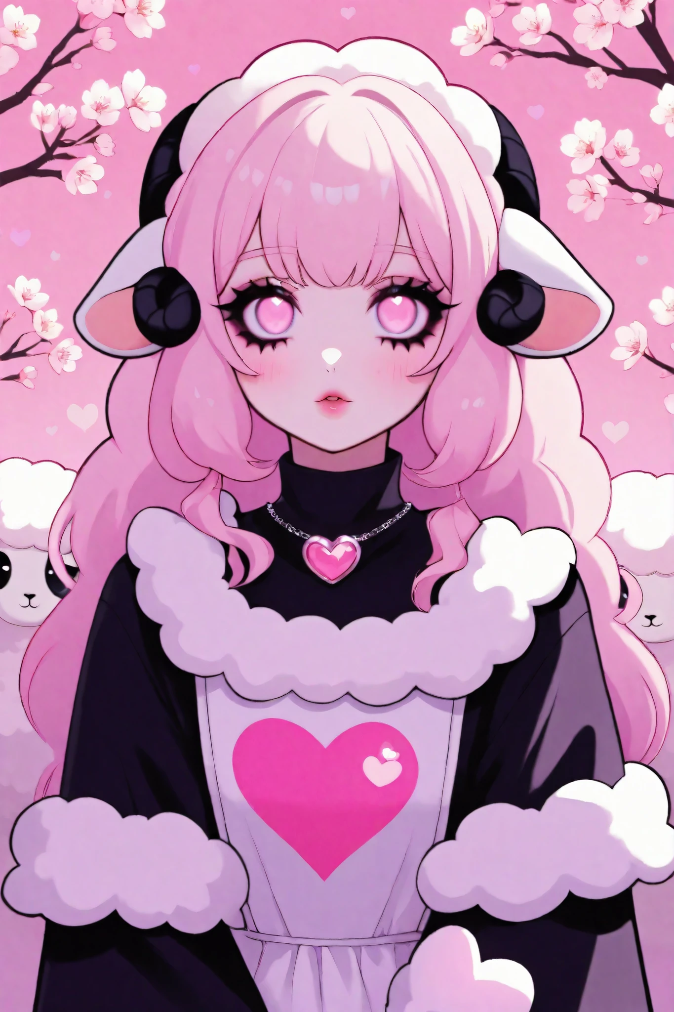 Cute cartoon/ Sheep woman, pink aesthetic background, heart, cherry blossoms, well lit, pastel goth