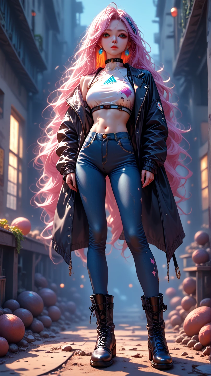 The character costume is KPOP, Hallyu, K-pop anime art style, Hallyu frontline style, Hallyu art style, kpop style, official artwork, Chibi art, Pisif, Blackpink style, cute. KPOP artwork in various poses, The popularity of Pisif art station, lingerie, 16 year old chibi, No watermark, Extra close-fitting mini skirt, open jacket, extra short clear top Strapless, cleavage, style clothing cyberpunk, smallest short short, wide angle, short top, very short,