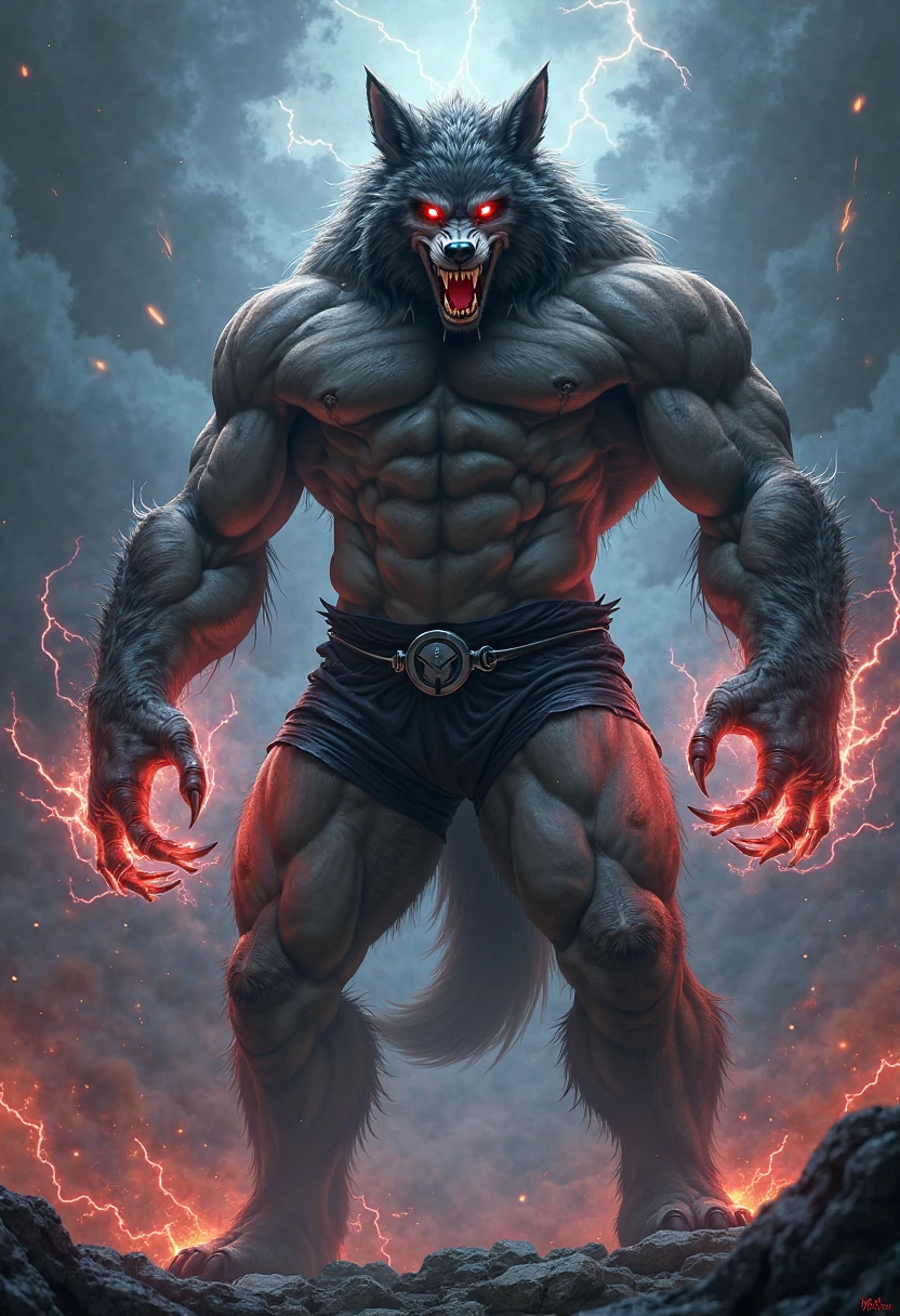 Bloody Smoke emanating from the background Werewolf standing in a menacing pose with an outstretched claw and ajar lion's mouth. Bleeding patterns on his arms. pointed nose, man