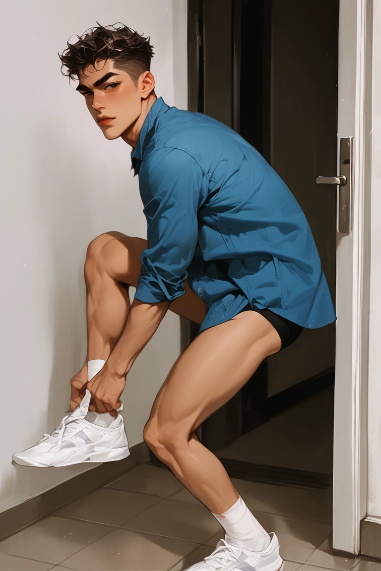 (absurderes, A high resolution, Ultra detailed, hdr), Masterpiece, Best quality, Portrait of a boy, Handsome boy with red eyes, Detailed face, Professional photo, The Arafed man went into battle shirtless, Fight comfortably，legs are open, (puffynipple(From below:1.1)), Focus on your audience, 30 year old boy, Handsome boy, [ A well-defined body ]，Light blue shirt opening，Abs，chest muscle，short white pants，large bulge，Black leather shoes，Close-up of feet，prinz，silber hair