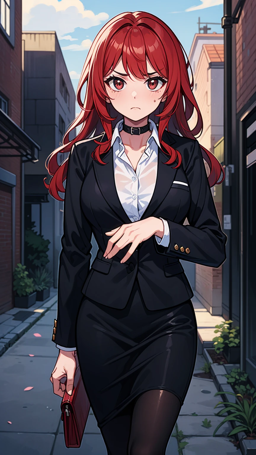 makima \(chainsaw man\), 1girl, bangs, black coat, black necktie, black pants, blood, blood in hair, blood on clothes, blood on face, braid, braided ponytail, business suit, chainsaw man, coat, collared shirt, formal, high-waist pants, highres, indoors, looking at viewer, necktie, office lady, pants, red hair, shirt, shirt tucked in, solo, suit, yellow eyes