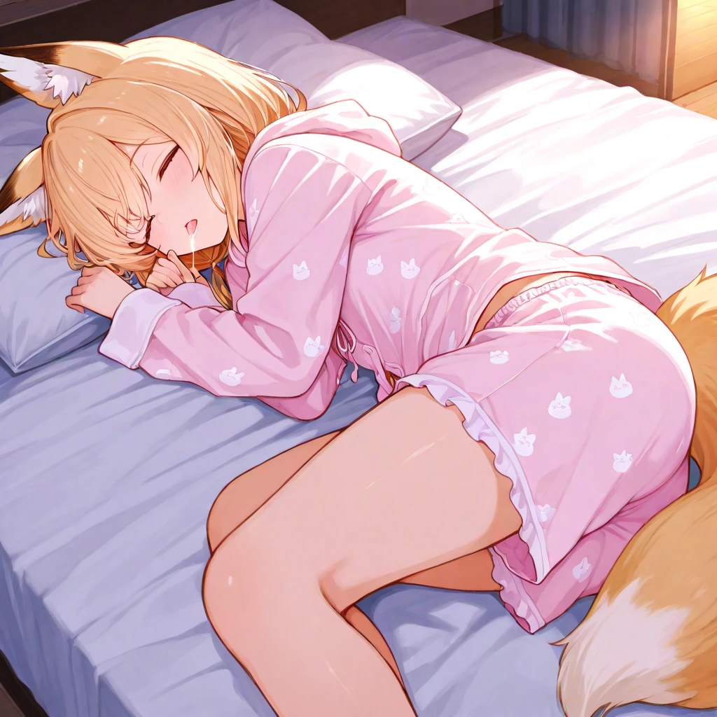 masterpiece, best quality, 1girl lying on stomach looking back from behind looking at viewer, shirt, short shorts, cat ears, smile