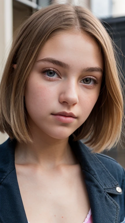 ((Ultra Detail)), Beautiful Art, 18 yo blonde teen girl . Full lips. Eyes wide. ((Very short hair)), uhd, high details, best quality,, school blazer, private school girl, unbuttoned