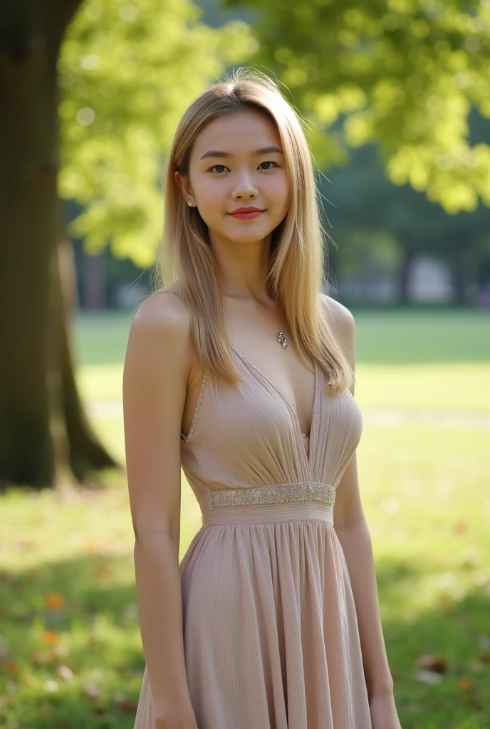 Leila、18-year-old、（Russian women）、（Cute face）、（Thin contours:1.3）、（Grey Eyes:1.8）、（Big Breasts:1.3）、（Narrow waist）、（Blonde semi-long hair:1.3）8-head-tall model style、Angle up to the knee、smile、Long dress、Inside the city of Tokyo