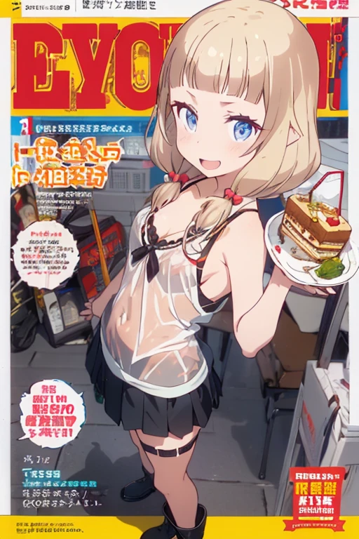 (small breasts:1.2), (perky chest:1.2), (pointed chest:1.2), (Pudding cake magazine cover:1.3),(from above:1.0),(shoot from the side:1.1),masterpiece, 1girl, Amazing Cleavage:1.1, thin waist, optimum,tmasterpiece,hight resolution,best qualtiy,hyper HD,super detailing,awardwinning,a 18yo cute girl,(The upper part of the body),anatomy correct,Beautiful Black miniskirt,garters,Gaze,Small face,bangss,holster,Beautuful Women,hands up,leg holster,Gaze,black boots,Cowboy Shot,cute face,a blond,Longhaire,Twin-tailed,Braids, Hairline,（scarlet eyes）,long eyelasher,Hanging eye corners,White skin of the, ((see through camisole:1.1)), ((Sheer nipples:1.0)),Rocket Tits,(Slim body),smile,seductive weak smiling,(with sparkling eyes and a contagious smile),little open mouth, Looking at Viewer,
