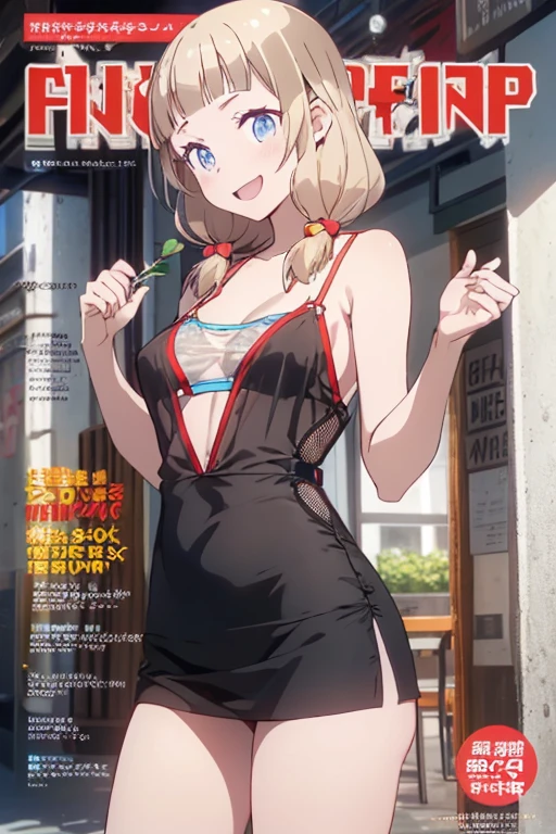 (small breasts:1.2), (perky chest:1.2), (pointed chest:1.2), (Pudding cake magazine cover:1.3),(from above:1.0),(shoot from the side:1.1),masterpiece, 1girl, Amazing Cleavage:1.1, thin waist, optimum,tmasterpiece,hight resolution,best qualtiy,hyper HD,super detailing,awardwinning,a 18yo cute girl,(The upper part of the body),anatomy correct,Beautiful Black miniskirt,garters,Gaze,Small face,bangss,holster,Beautuful Women,hands up,leg holster,Gaze,black boots,Cowboy Shot,cute face,a blond,Longhaire,Twin-tailed,Braids, Hairline,（scarlet eyes）,long eyelasher,Hanging eye corners,White skin of the, ((see through camisole:1.1)), ((Sheer nipples:1.0)),Rocket Tits,(Slim body),smile,seductive weak smiling,(with sparkling eyes and a contagious smile),little open mouth, Looking at Viewer, 