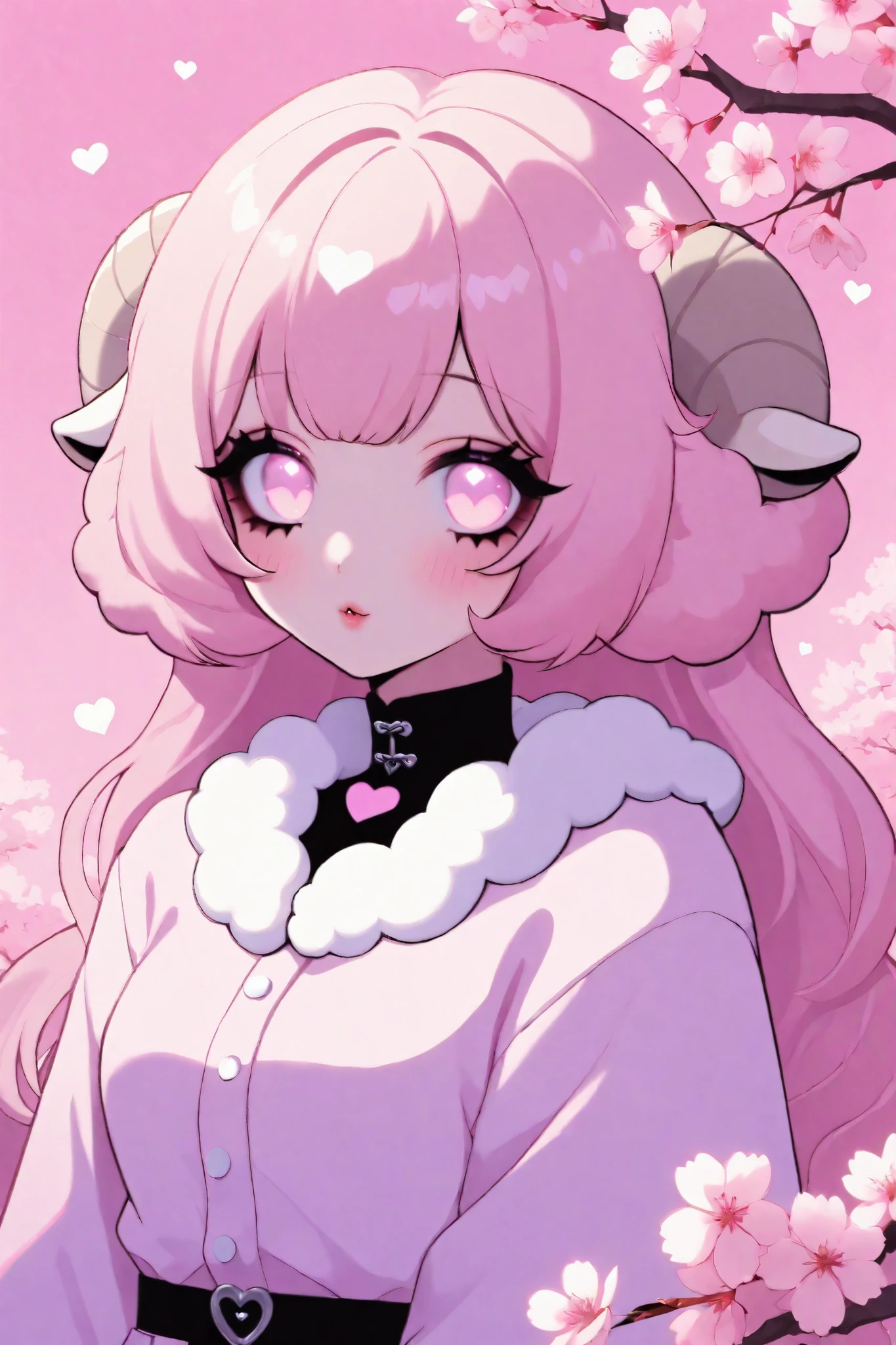 Cute cartoon/ Sheep woman, pink aesthetic background, heart, cherry blossoms, well lit, pastel goth