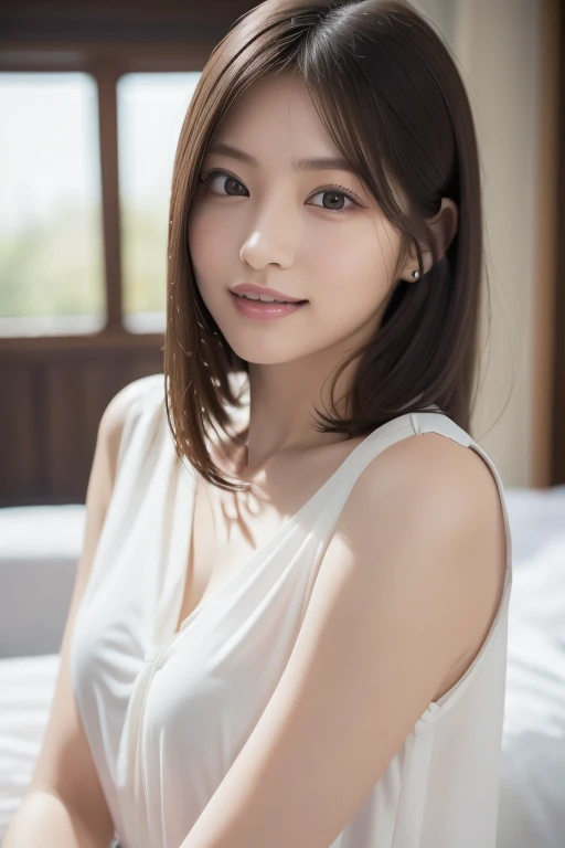 masterpiece, Best Quality, 8K, 1 girl, 20 yo, medium breast, cuddly, Solo, arch smile, Cute, Girly, Delicate girl, Neat and clean beauty, Raw photo, Professional Photography, Portrait, Soft light, Professional Lighting, Back lighting, Upper body, Looking away, Sophisticated, Film grain, (Eyes and faces with detailed:1.0), short length floating hair, beautiful flowing hair, bangs