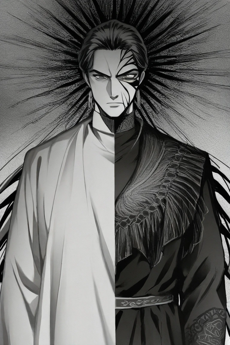 Man with long black hair and torn black T-shirt, camouflaged shorts in a manga anime style with brown eyes