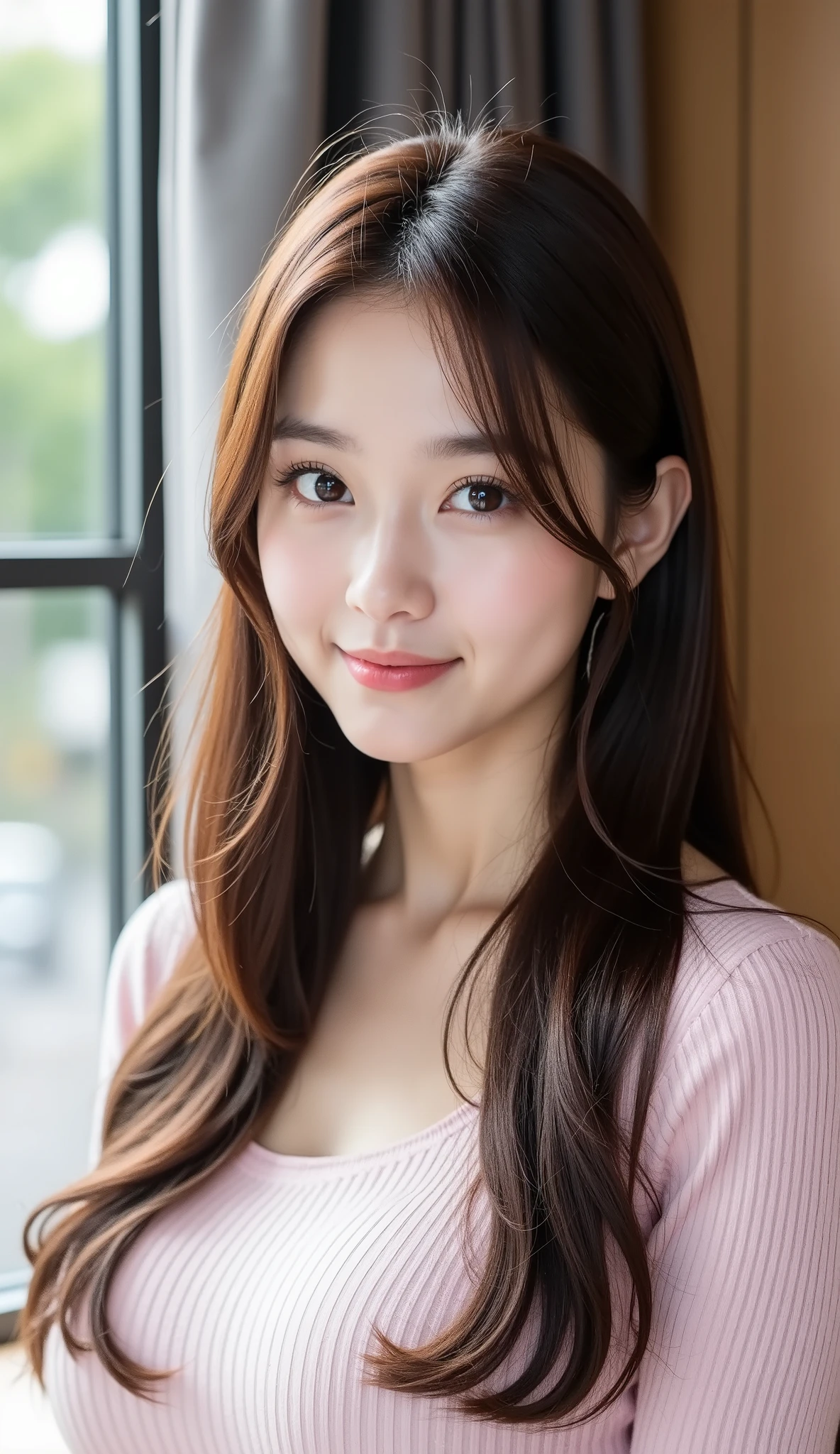 A 20-year-old Japanese female star,Beautiful Long Hair Styling,big eyes , Goose Face