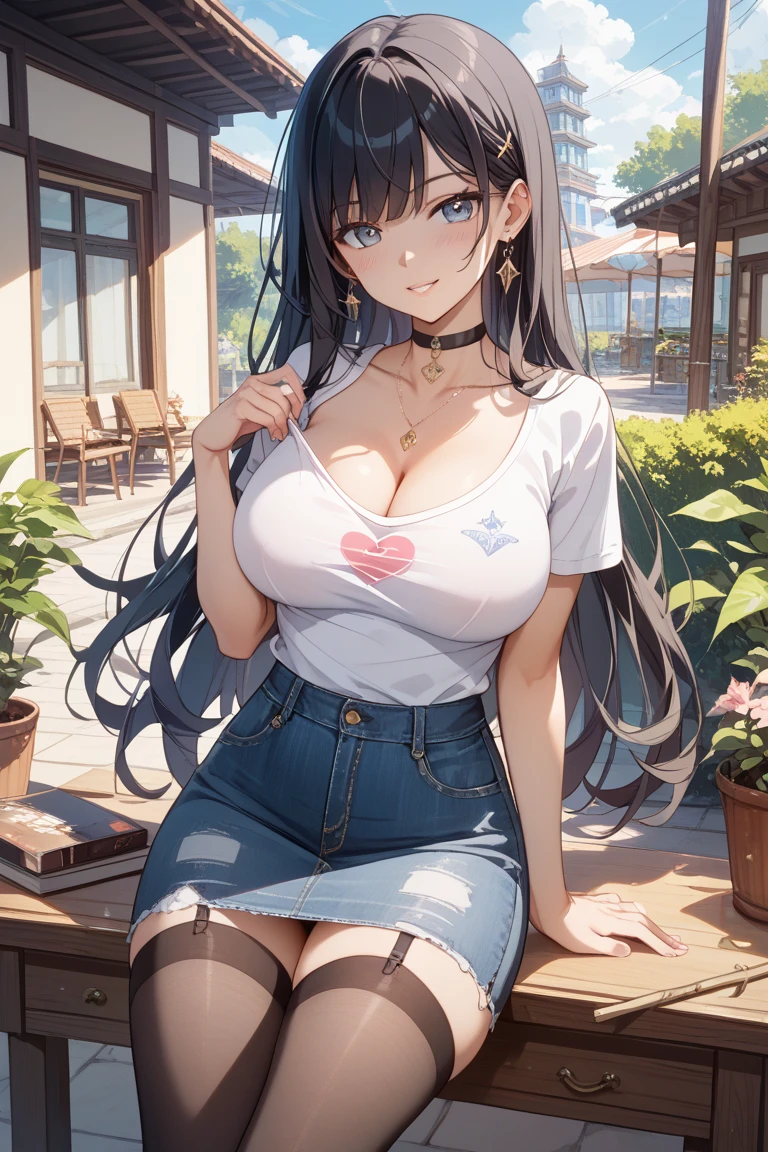 kujikawadef, long hair , wetshirts, without bra, very short sleeves skirt, high highs, jewelry, earrings, standing, best quality, highly detailed, masterpiece, absurdres,8k, photorealistic, realistic,detailed skin texture,detailed pupils,HDR,natural lighting, 2girl, (happy:1.1),(smile:1.2),(angular face:1.2),shiny face, big breasts, narrow waist, lip makeup,