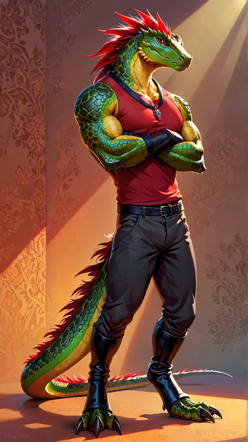 leo character design board, full body, full details, front, back, high detail, depth, many parts, many angles, of leo. has green hair. muscle. bat wings. wearing only underwear to reveal her muscular muscles