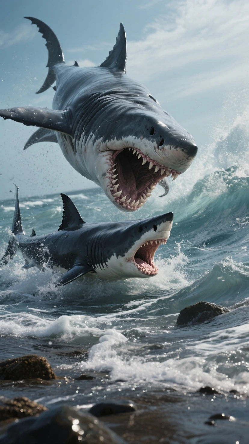 gigantic megalodon shark with sharp teeth, on the surface of the ocean destroying a whale and devouring it in half with lots of blood, photorealism