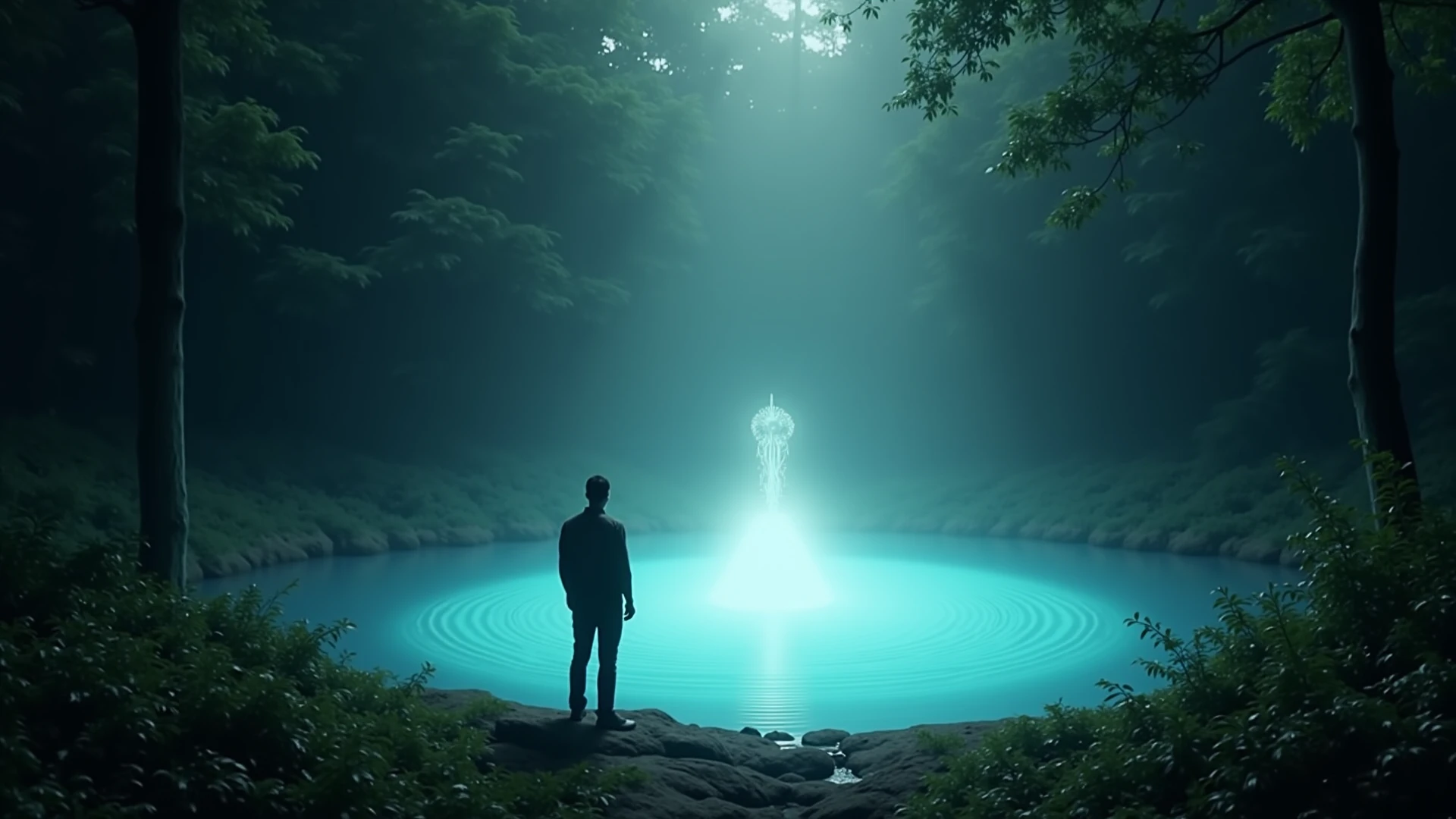 Picture of A calm pool of glowing energy in a real forest clearing, a man standing ...