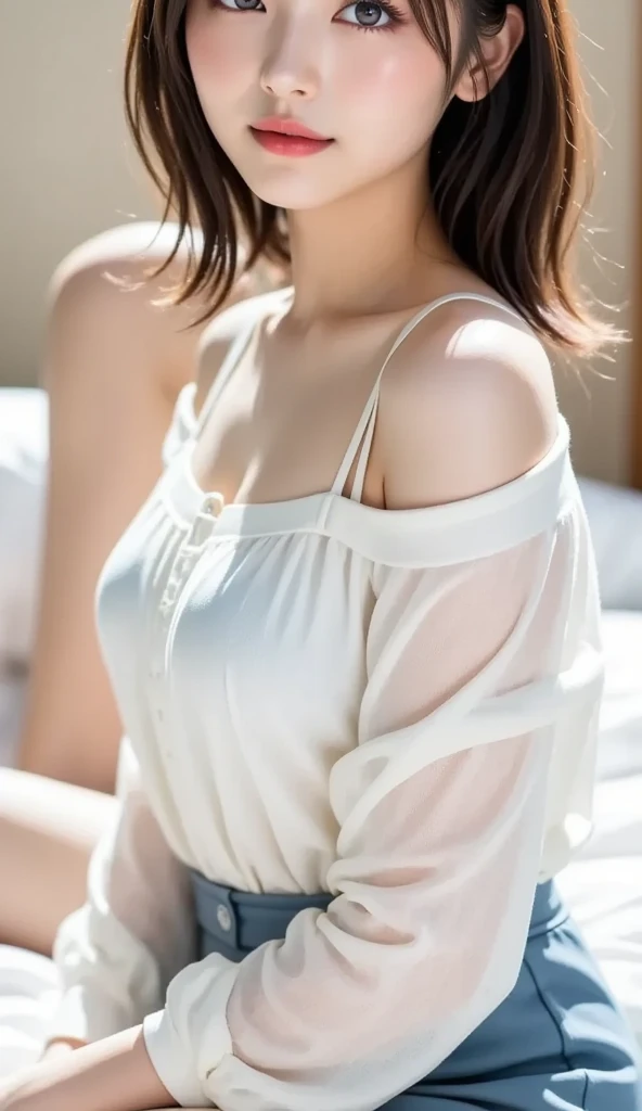 8K, top quality, masterpiece, high definition, ultra high definition, 1 girl, 18 years old, (wearing a white vacuum perspective uniform: 1.5), white mini skirt, wet white underwear, solo, (((full body))), (brown hair), (spread legs), black eyes, beautiful delicate eyes, delicate skin, slim body, big breasts, thin thighs, Manhattan background, (front), looking up the lens, background blur, Focus on depth of field