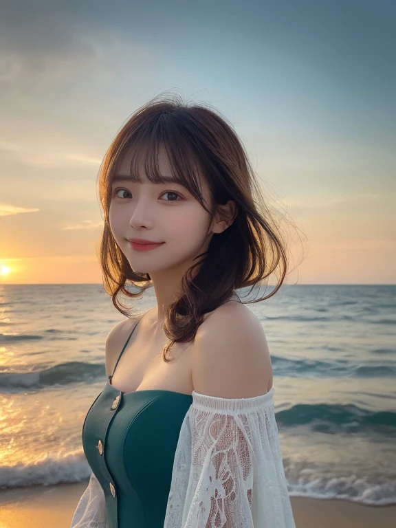An ultra-high picture quality、Perfect Photo、15 year old woman、Sunset、put out one's forehead、a short bob、A dark-haired、the wind、Eye of the cut、Narrow-eyed、Round nose、Plump lips、large mouth、thick lips、Duck mouth、Pointed mouth、smil、One-piece clothes、Touching the hair、